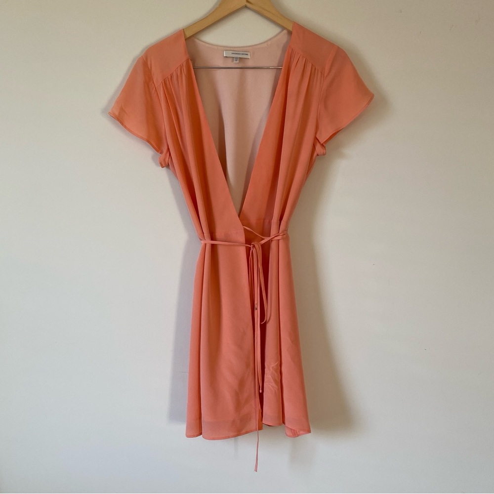Lavender Brown 100% Silk Peach Wrap Dress (Medium)